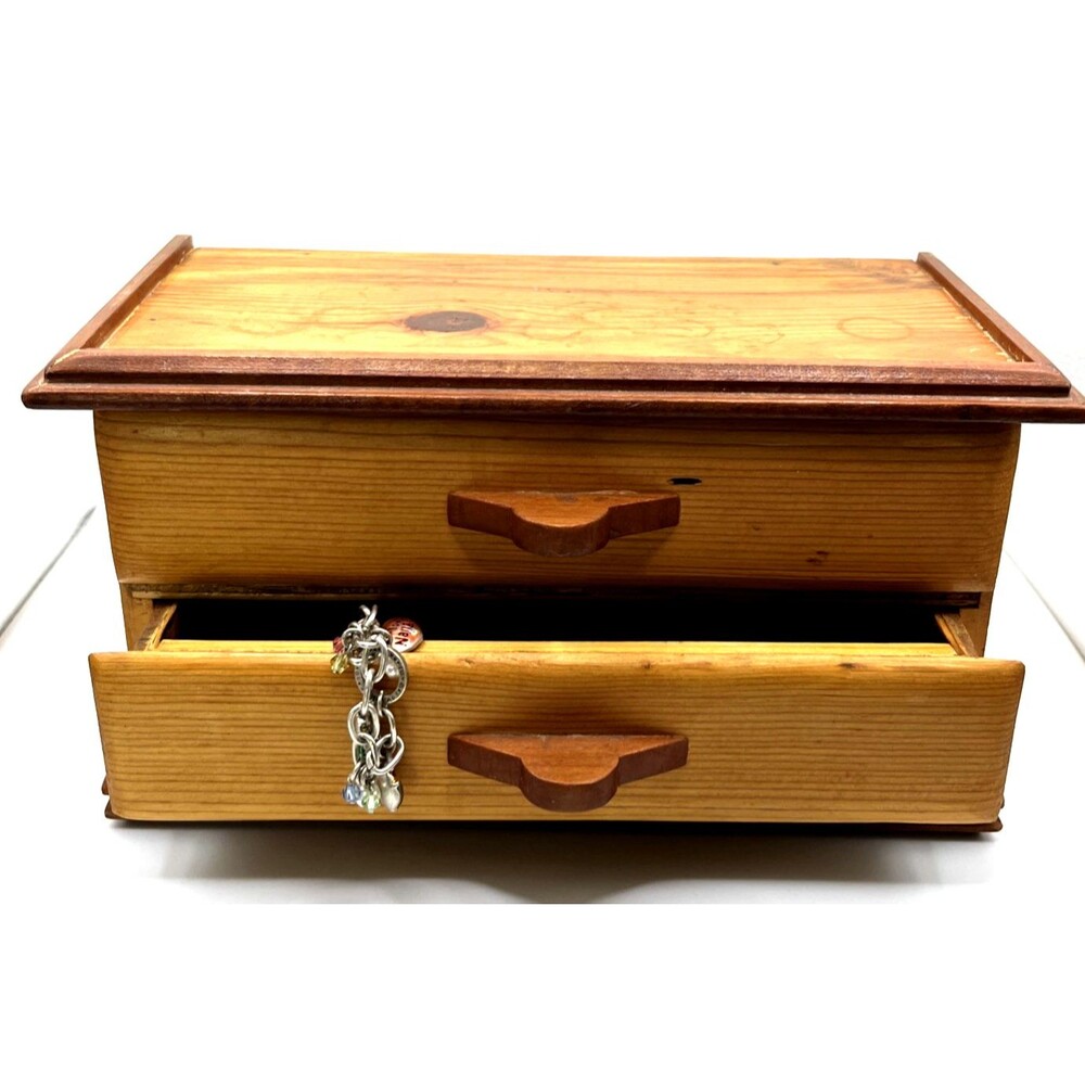 Vtg Handmade Wooden Pine Jewelry Keepsake Box 2-Drawer Chest Mirror Felt Lining